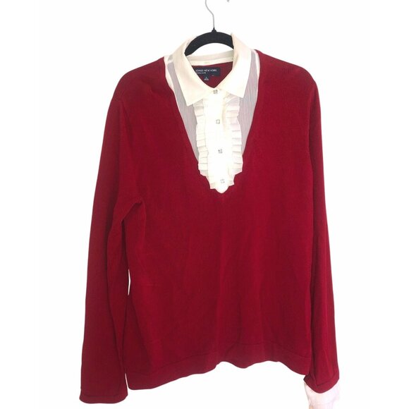 JONES NEW YORK SIGNATURE- WOMENS RED LONG SLEEVE RUFFLE SLEEVES SIZE X-LARGE - Picture 1 of 9